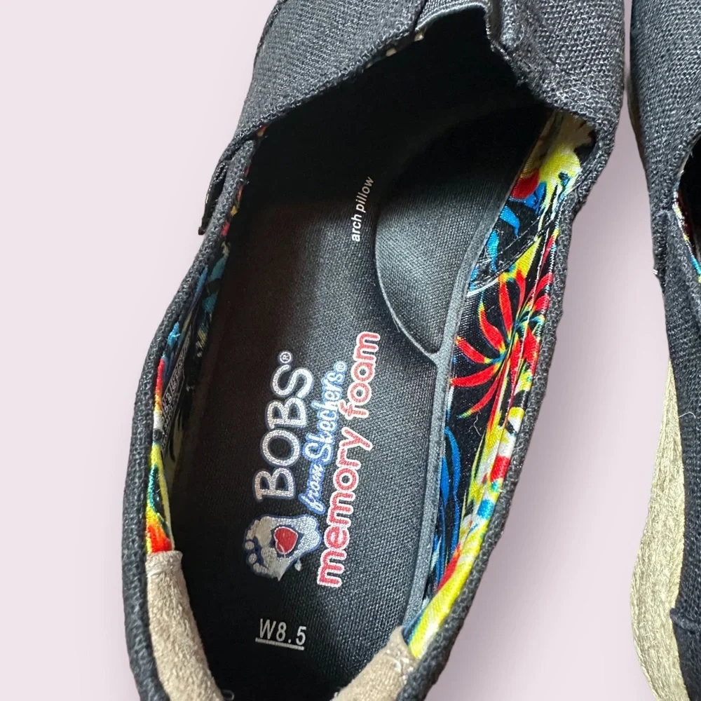 Bobs By Skechers Black Espadrille Women's Slip On Wedge Shoes Sz 8.5 Memory Foam